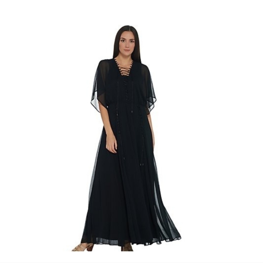 Laurie Felt Boho chic black lace up maxi dress sz 10